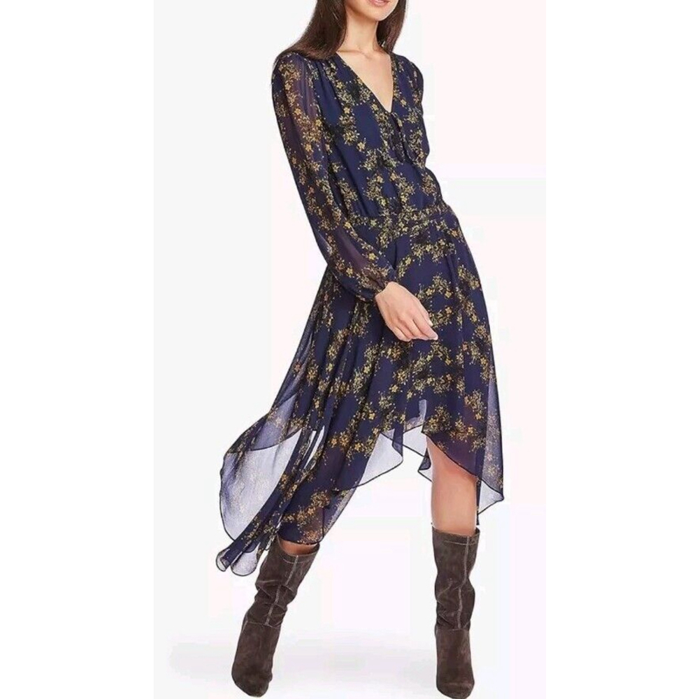 1. STATE Navy Blue Floral Dress Asymmetric Skirt, Sheer Sleeves 3X MSRP $129 EUC